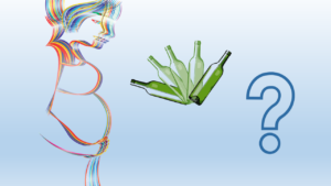 schwangere Frau, Alkoholflasche, Fragezeichen